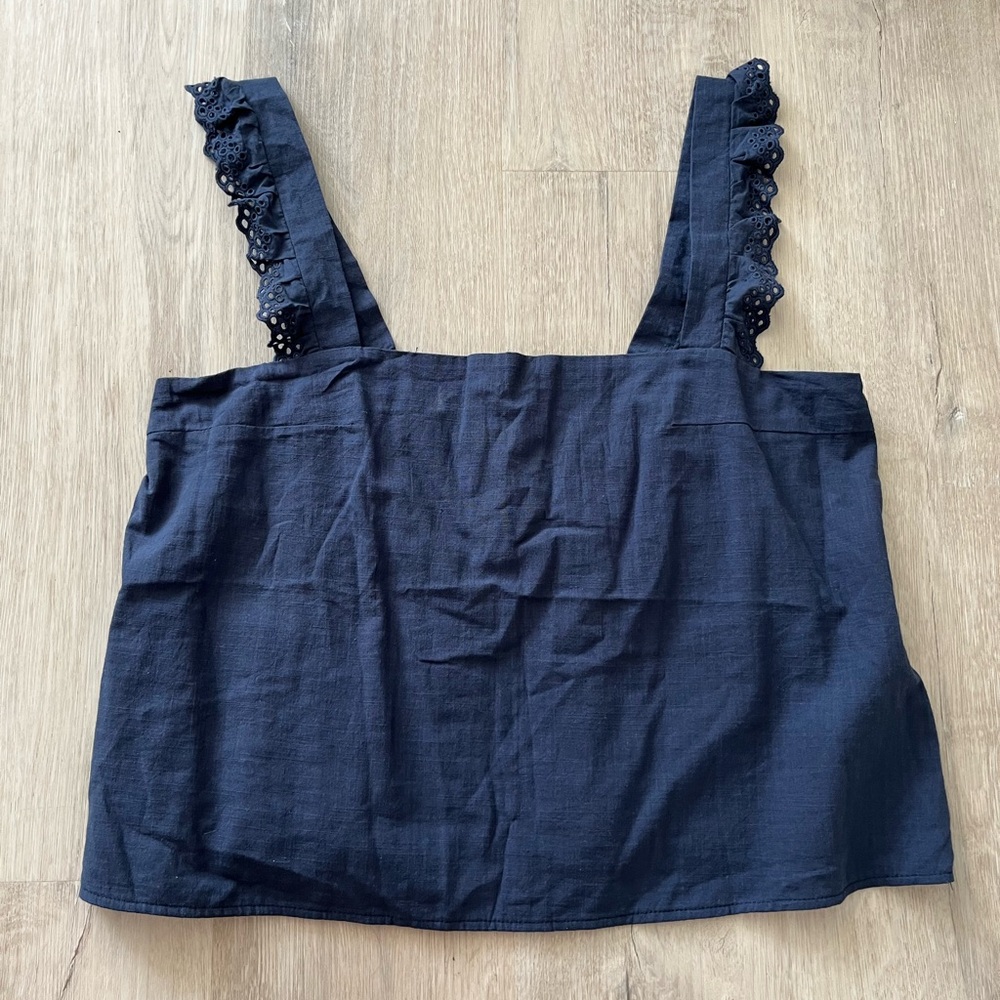 Edikted Navy Eyelet Ruffle Strap Square Neck Tank XL